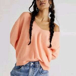 Free People Harmony  Cashmere Sweater V Neck Coral Orange Small